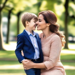 A beautiful young woman with a small boy, both sharing a joyful moment together in a serene park setting