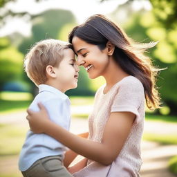 A beautiful young woman with a small boy, both sharing a joyful moment together in a serene park setting