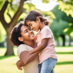 A beautiful young woman with a small boy, both sharing a joyful moment together in a serene park setting