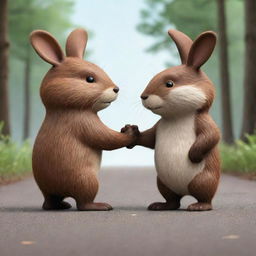 An emotionally touching cartoon image of a beaver and a bunny from the rearview, holding hands. Their camaraderie and friendship symbolized through this heartwarming display of affection and mutual respect.