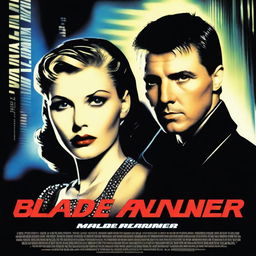 A noir style movie poster for the film Blade Runner featuring Madonna and Tom Cruise as the lead characters