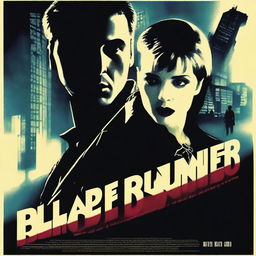 A noir style movie poster for the film Blade Runner featuring Madonna and Tom Cruise as the lead characters