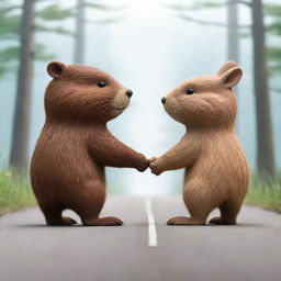 An emotionally touching cartoon image of a beaver and a bunny from the rearview, holding hands. Their camaraderie and friendship symbolized through this heartwarming display of affection and mutual respect.