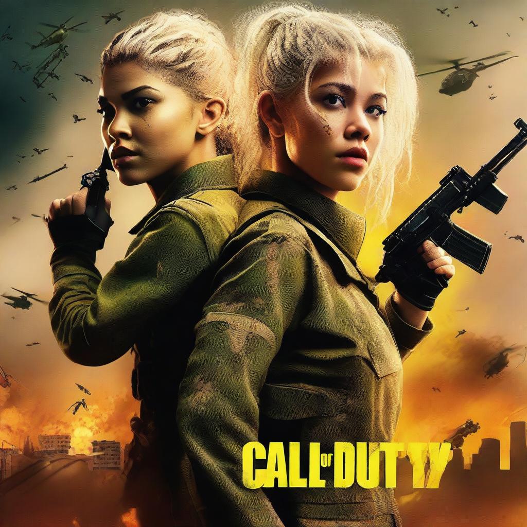 A musical style movie poster for the Call of Duty game starring Zendaya and Hunter Schafer