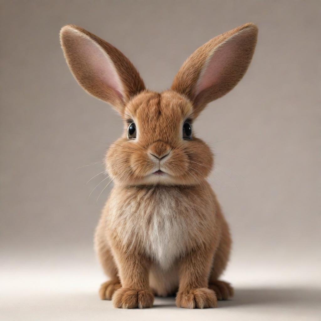 A realistic looking, cute brown bunny with fluffy fur, standing attentively with its ears perked up. Its eyes are shimmering with curiosity, whiskers twitching, making the bunny look absolutely adorable.