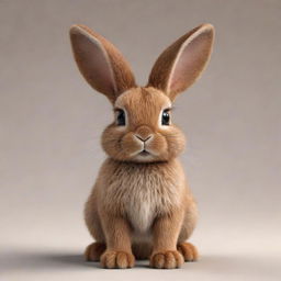 A realistic looking, cute brown bunny with fluffy fur, standing attentively with its ears perked up. Its eyes are shimmering with curiosity, whiskers twitching, making the bunny look absolutely adorable.