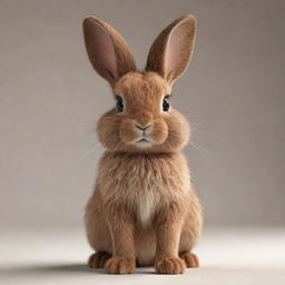 A realistic looking, cute brown bunny with fluffy fur, standing attentively with its ears perked up. Its eyes are shimmering with curiosity, whiskers twitching, making the bunny look absolutely adorable.