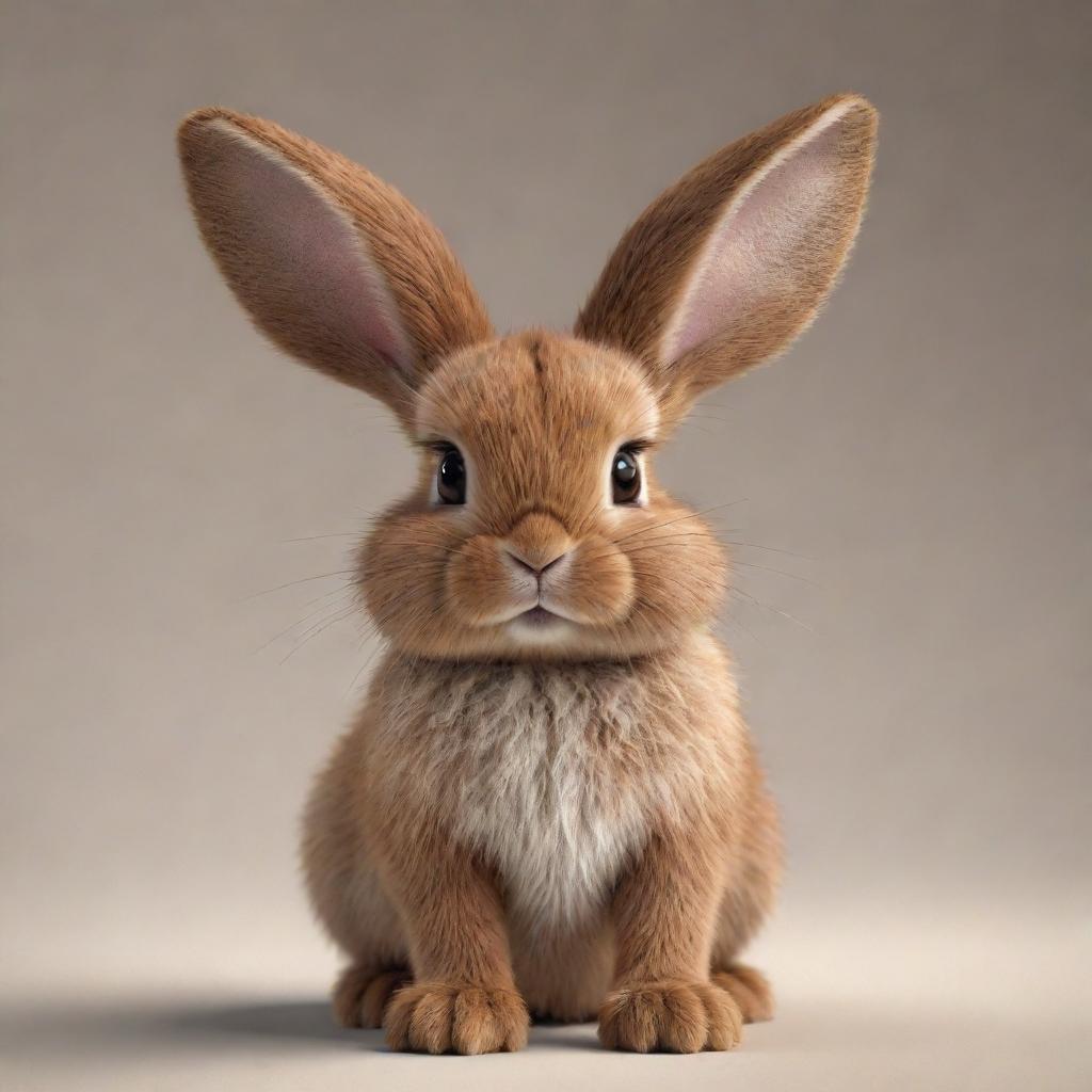 A realistic looking, cute brown bunny with fluffy fur, standing attentively with its ears perked up. Its eyes are shimmering with curiosity, whiskers twitching, making the bunny look absolutely adorable.