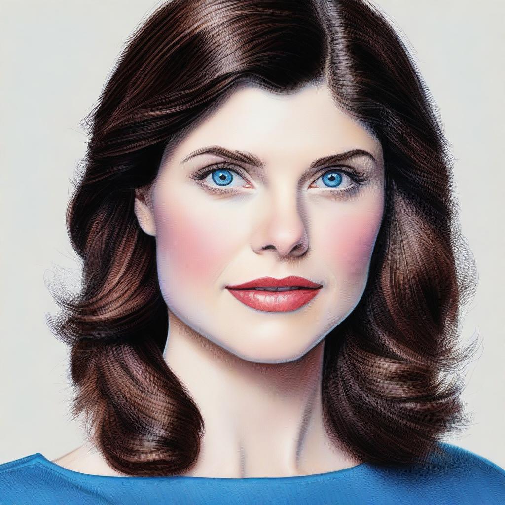 Create a realistic portrait of Alexandra Daddario, capturing her striking blue eyes and elegant features