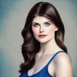 Create a realistic portrait of Alexandra Daddario, capturing her striking blue eyes and elegant features