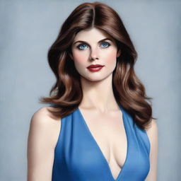 Create a realistic portrait of Alexandra Daddario, capturing her striking blue eyes and elegant features