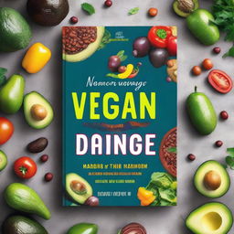 Create a colorful book cover for a vegan cookbook titled 'The Vegan Voyage' by Nique McLeod