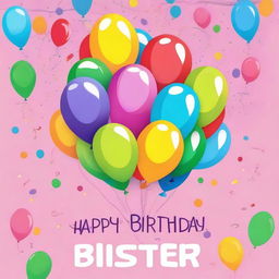 A cheerful and colorful birthday card featuring balloons, confetti, and a heartfelt message wishing a happy birthday to a sister