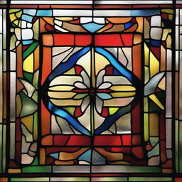 Create an image of a broken stained glass window with detailed patterns and vivid colors