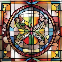 Create an image of a broken stained glass window with detailed patterns and vivid colors