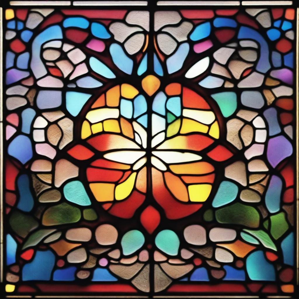 Create an image of a broken stained glass window with detailed patterns and vivid colors