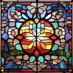 Create an image of a broken stained glass window with detailed patterns and vivid colors