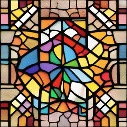 Create an image of a broken stained glass window with detailed patterns and vivid colors