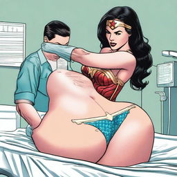 A depiction of Wonder Woman receiving a medical procedure, focusing on a butt injection