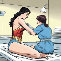 A depiction of Wonder Woman receiving a medical procedure, focusing on a butt injection