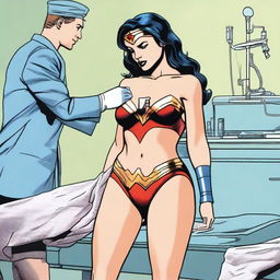 A depiction of Wonder Woman receiving a medical procedure, focusing on a butt injection