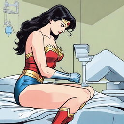 A depiction of Wonder Woman receiving a medical procedure, focusing on a butt injection