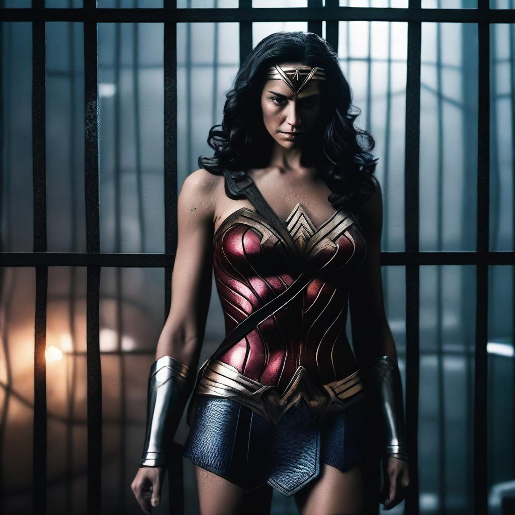 A dramatic scene featuring Wonder Woman captive in a cage