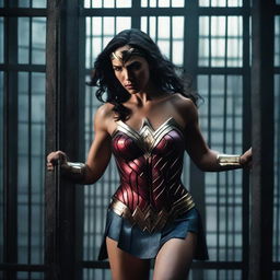 A dramatic scene featuring Wonder Woman captive in a cage