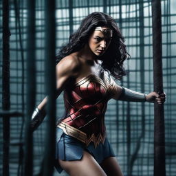 A dramatic scene featuring Wonder Woman captive in a cage