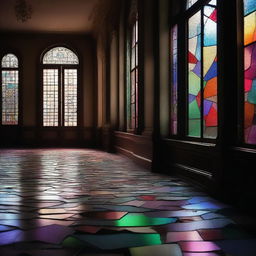 A broken stained glass window in a dimly lit hallway