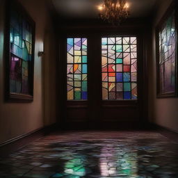 A broken stained glass window in a dimly lit hallway