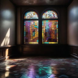 A broken stained glass window in a dimly lit hallway