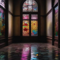 A broken stained glass window in a dimly lit hallway