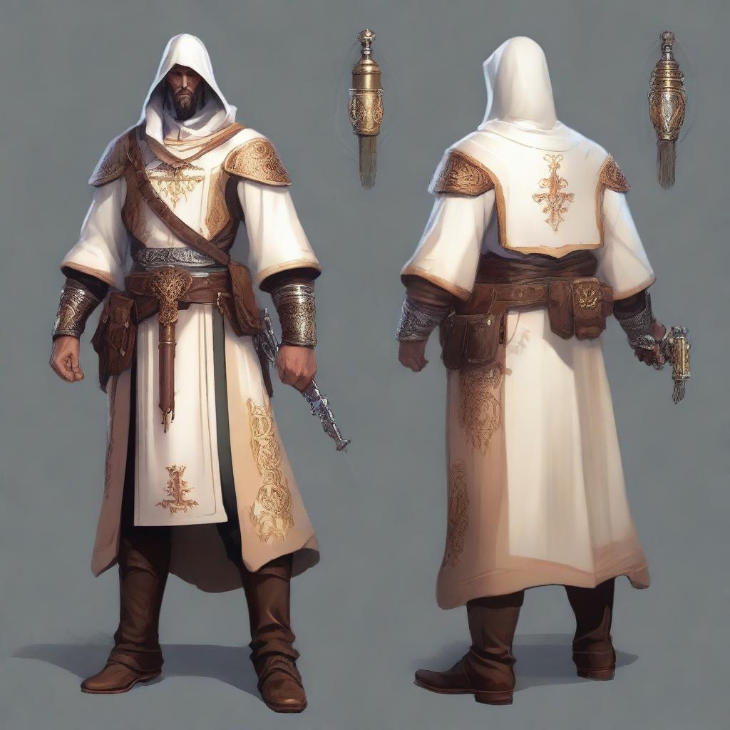 Create an image of a cleric who is also a gunslinger, combining elements of traditional fantasy cleric attire with modern gunslinger gear