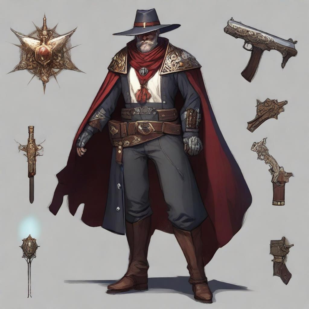 Create an image of a cleric who is also a gunslinger, combining elements of traditional fantasy cleric attire with modern gunslinger gear