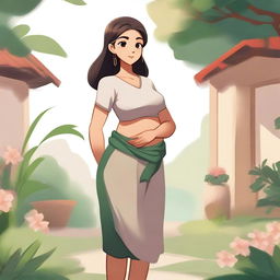 A character named Ghaitha, depicted with a visible belly, standing confidently in a serene environment