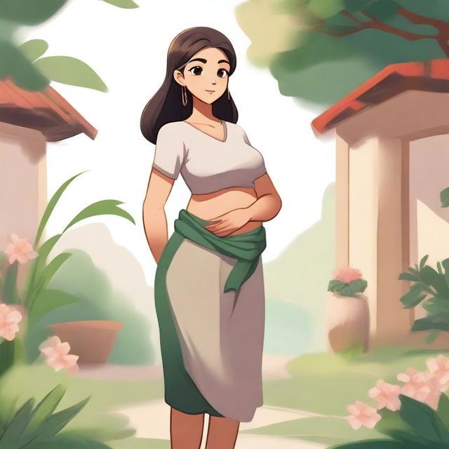 A character named Ghaitha, depicted with a visible belly, standing confidently in a serene environment