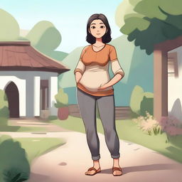 A character named Ghaitha, depicted with a visible belly, standing confidently in a serene environment