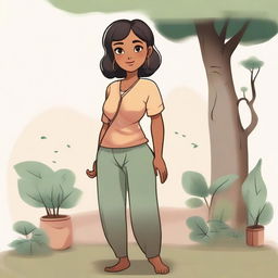 A character named Ghaitha, depicted with a visible belly, standing confidently in a serene environment