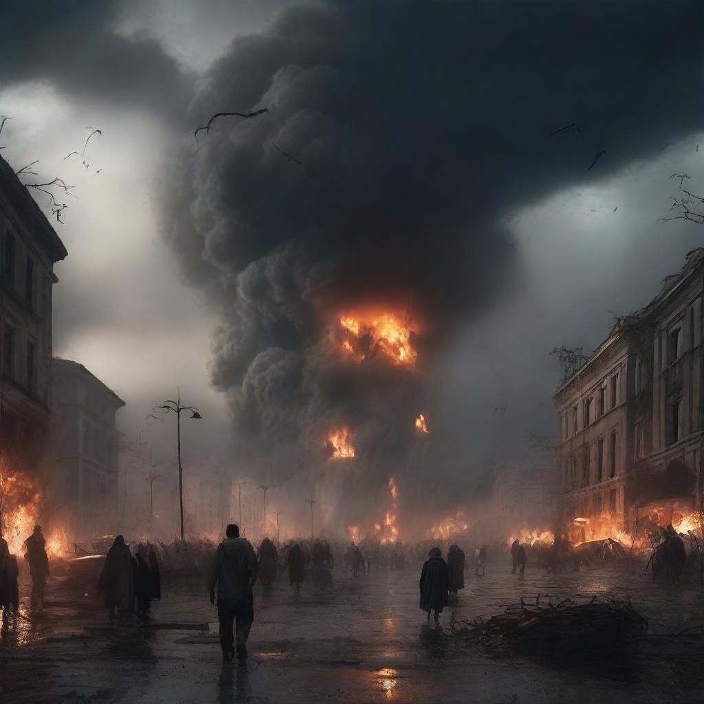 An apocalyptic scene depicting a climate catastrophe with extreme weather events, flooded cities, and burning forests