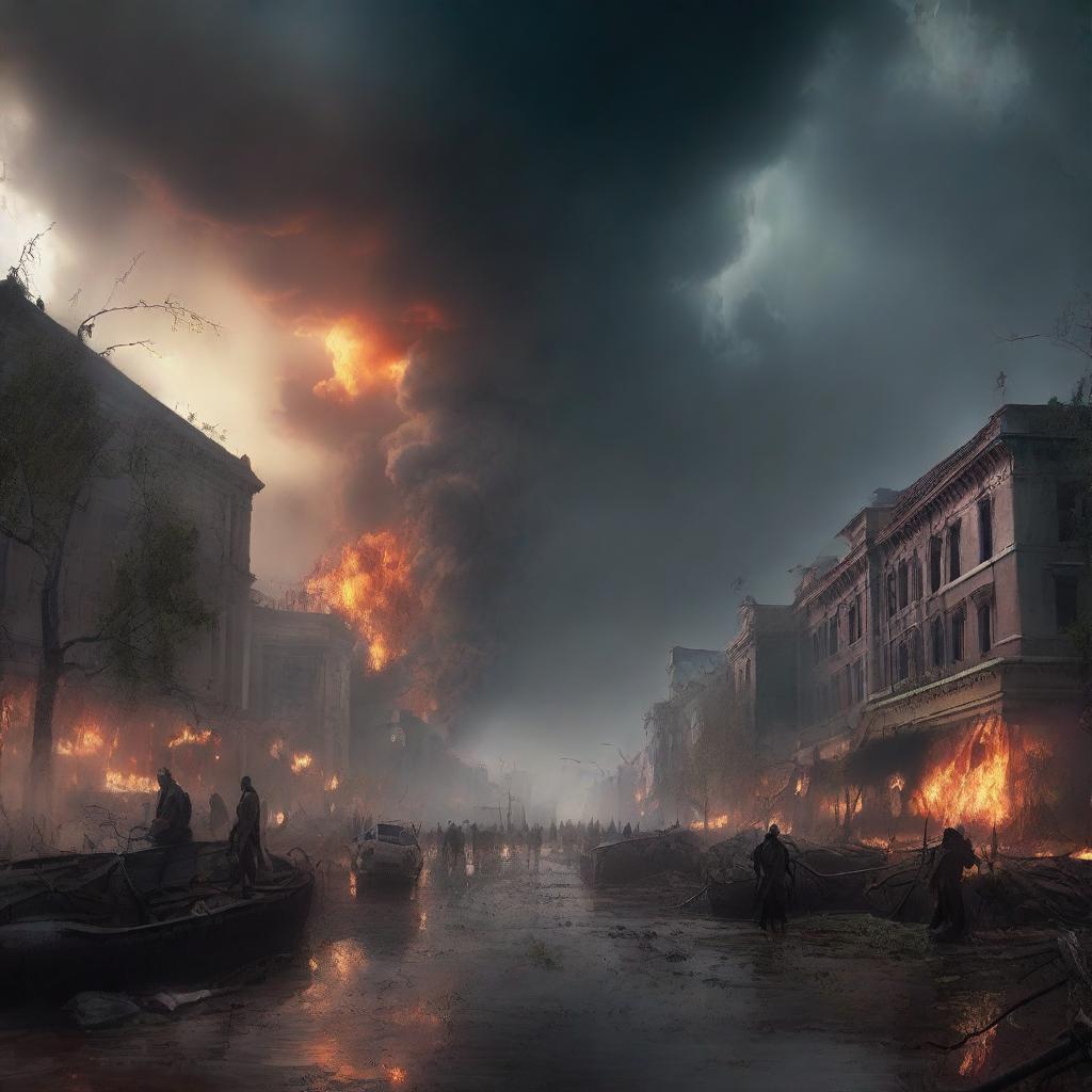 An apocalyptic scene depicting a climate catastrophe with extreme weather events, flooded cities, and burning forests