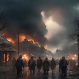 An apocalyptic scene depicting a climate catastrophe with extreme weather events, flooded cities, and burning forests