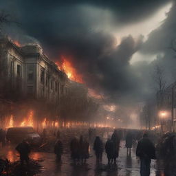 An apocalyptic scene depicting a climate catastrophe with extreme weather events, flooded cities, and burning forests