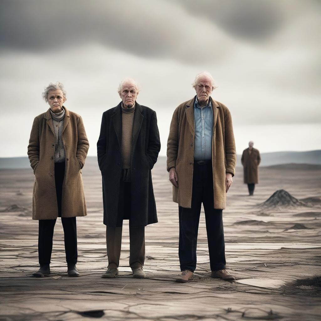 A scene depicting two older men and a woman during a climate crisis