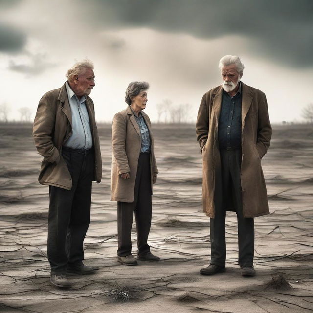 A scene depicting two older men and a woman during a climate crisis