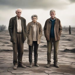 A scene depicting two older men and a woman during a climate crisis