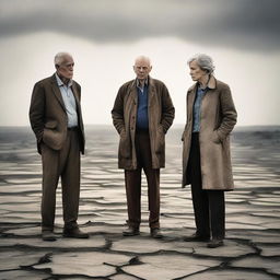 A scene depicting two older men and a woman during a climate crisis