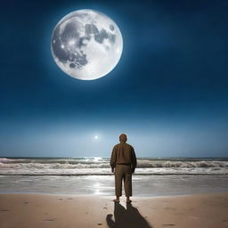 An older man standing on a sandy beach at night, with a full moon shining brightly in the sky above him