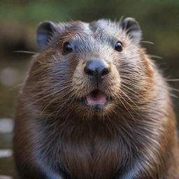 A lifelike portrait of a beaver, with its glistening brown fur, distinct large teeth, and broad flat tail. The beaver's eyes twinkle with intelligence, as it poses amicably for the viewer.