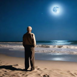 An older man standing on a sandy beach at night, with a full moon shining brightly in the sky above him